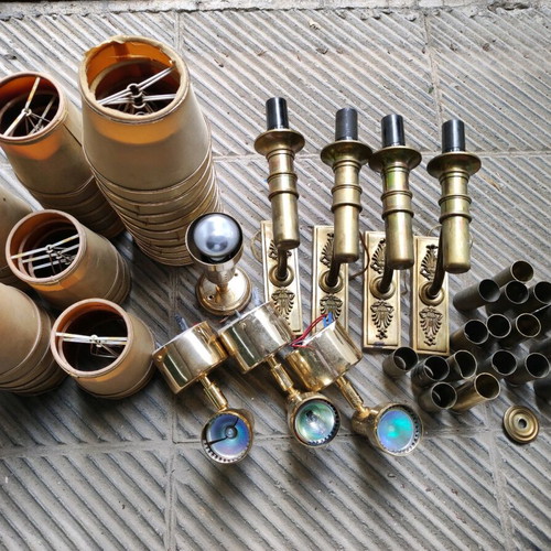 Antique wall lights used, set of 13, brass
