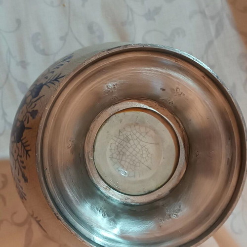 Vintage vase made of fine crackle porcelain and pewter like new
