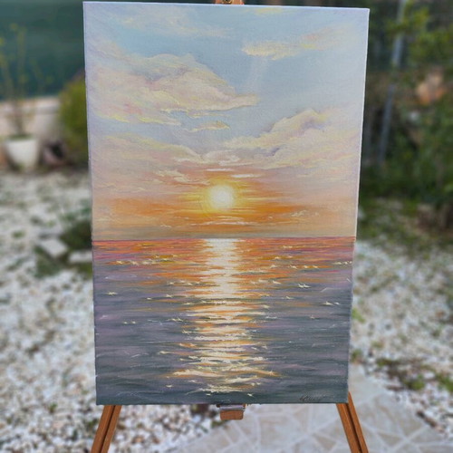 Handmade oil painting Sunset seascape impressionism style