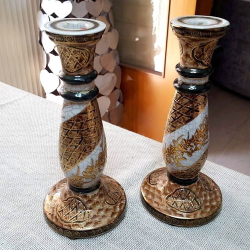 Royal Satsuma porcelain candlesticks set used, hand-painted