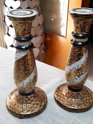 Royal Satsuma porcelain candlesticks set used, hand-painted