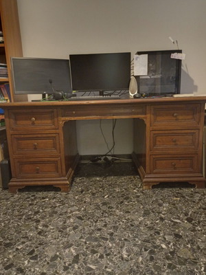 Antique solid wood desk with leather top, 7 drawers