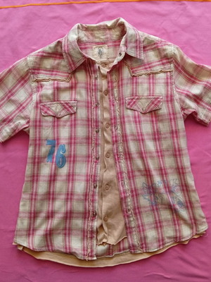 Vintage Ms Rodeo double shirt medium with pink and white plaid and beige inner blouse like new