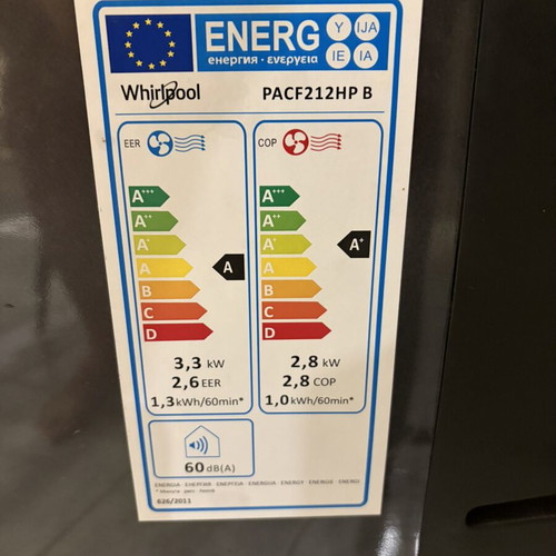Whirlpool Portable Air Conditioner PACF212HP B like new, energy rating A/A+