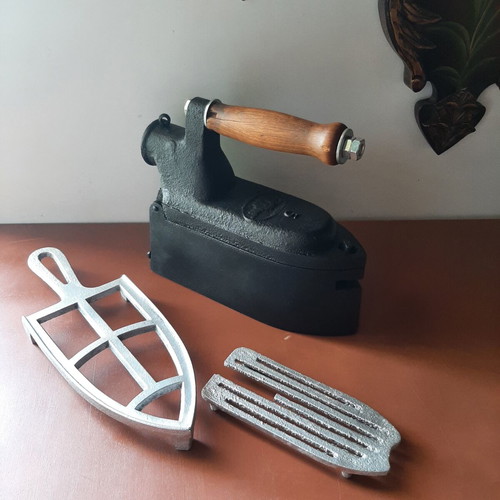 Large vintage charcoal iron "tailor's" with wooden handle