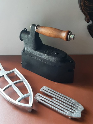 Large vintage charcoal iron "tailor's" with wooden handle