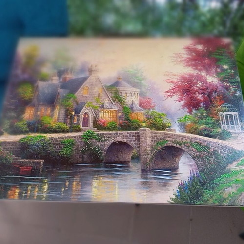 Painting 80x60 cm like new, village houses by the lake with bridge