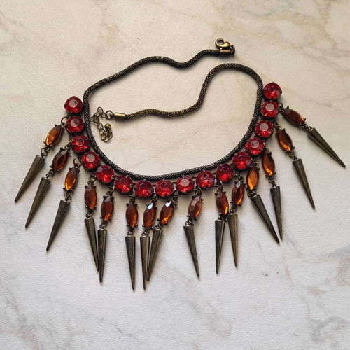 Gothic Statement Necklace with Red Crystals and Antique Bronze Spikes like new