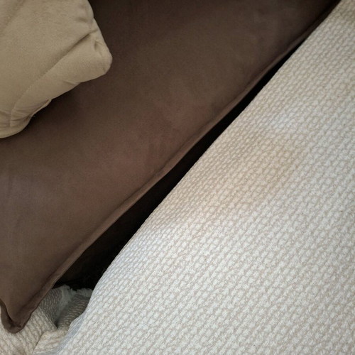 Corner sofa four-seater used, brown without covers and beige cushions