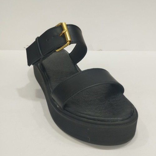 Black leather platform sandal with gold buckle, size 38