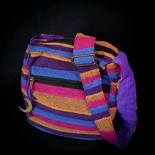 Cotton Sling Bag new, pink and multicolored with copper moon charm