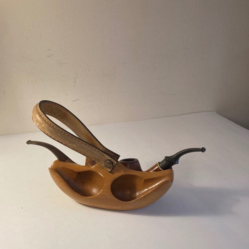 Pipe stand wooden with leather used, made in Italy