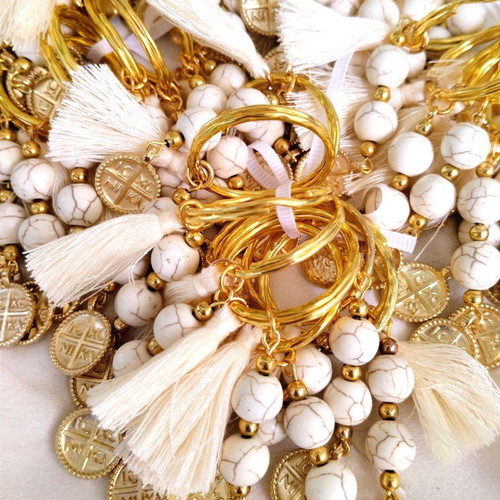 Handmade baptism keychains with haolite semi-precious stones and tassel made to order