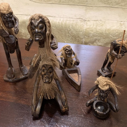 Wooden native figures set of 6 used with rope hair and ashtrays