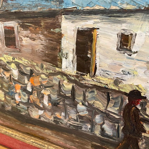 Embossed oil painting like new, theme House in the village