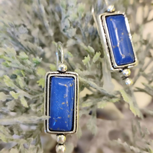 Lapis Lazuli rectangular drop earrings, antique silver tone