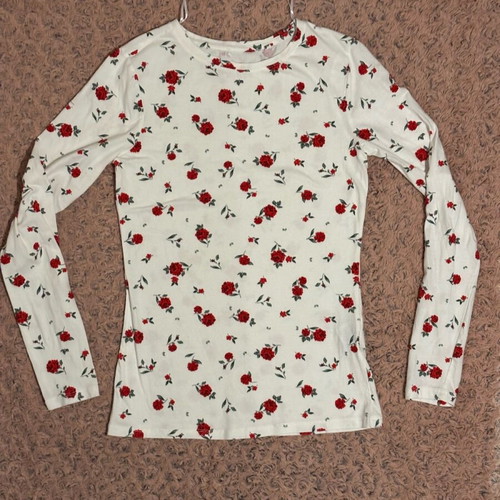 Cotton blouse thin long-sleeve white with red flowers like new, size M
