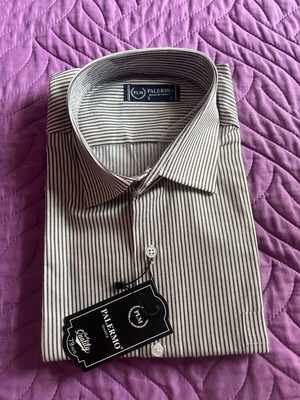 Men's striped shirt new, size L, white and brown