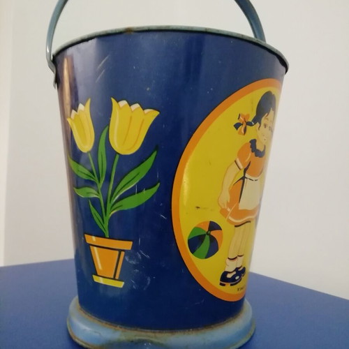 Vintage children's metal bucket used, colorful