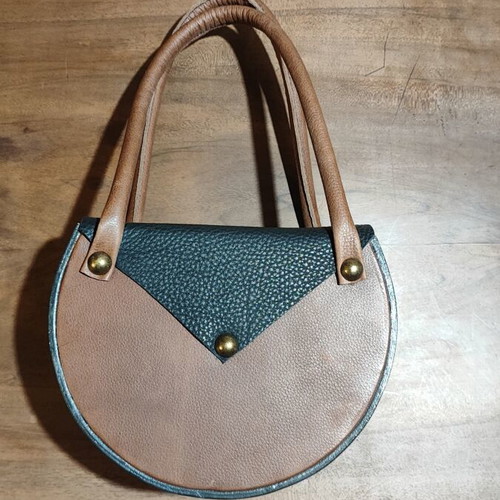 Handbag new, handmade wood and calf leather with brass details