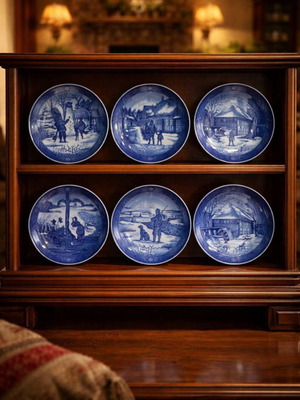 Porcelain decorative plates vintage used with winter scenes
