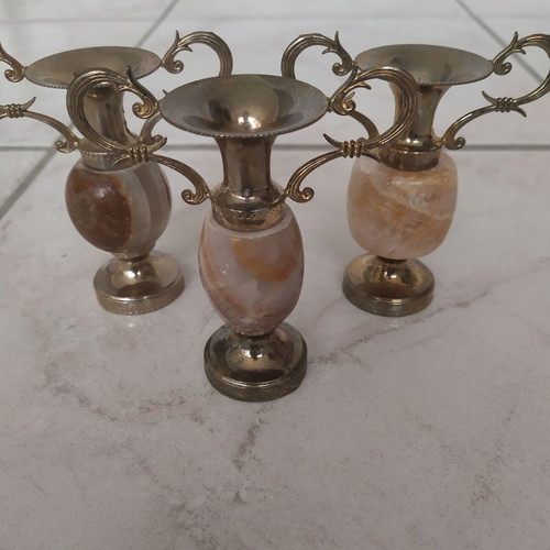 Decorative amphorae set of 3 from brass and onyx like new