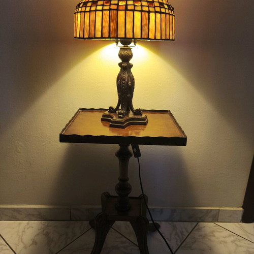 Vintage Tiffany-style table lamp with stained glass shade