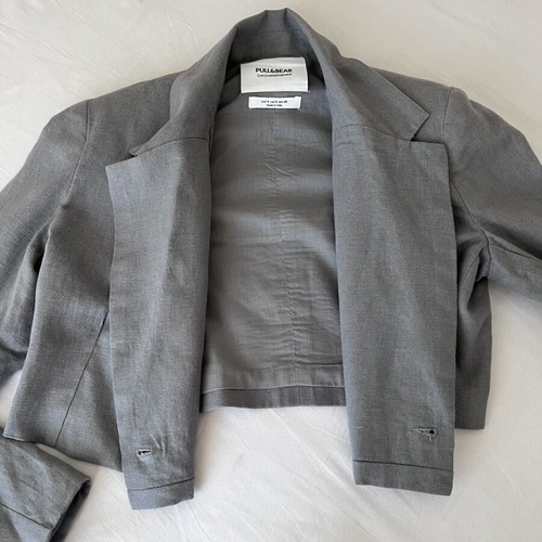 Pull & Bear cropped jacket, grey linen look, 100% cotton