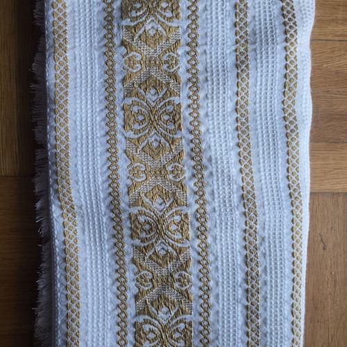 Vintage woven quilt used, shades of beige and gold