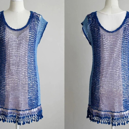 Handmade summer dress with net, blue and lilac shades, Vanas Woven Waves