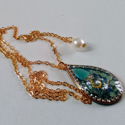 Handmade necklace blue and gold with pearl and rhinestones, new