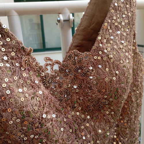Handmade silk blouse with beads and sequins, S/M, beige, made in France