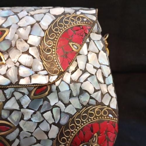 Handmade metal mosaic clutch with mother of pearl and gold chain, like new