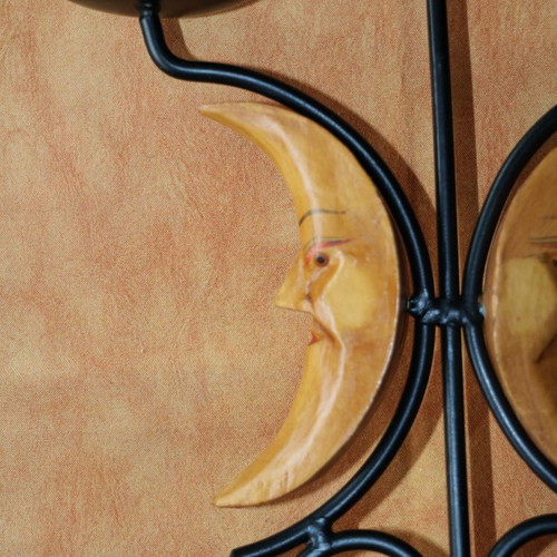 Handmade candle holder 5 candles wood-carved painted sun&moon new