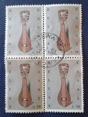 1966 Ελληνικά γραμματόσημα έκδοση λαϊκής τέχνης μεταχειρισμένα, κρητική λύρα, τετράδα