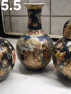 Chinese decorative vases used, set of 3, dark blue and black