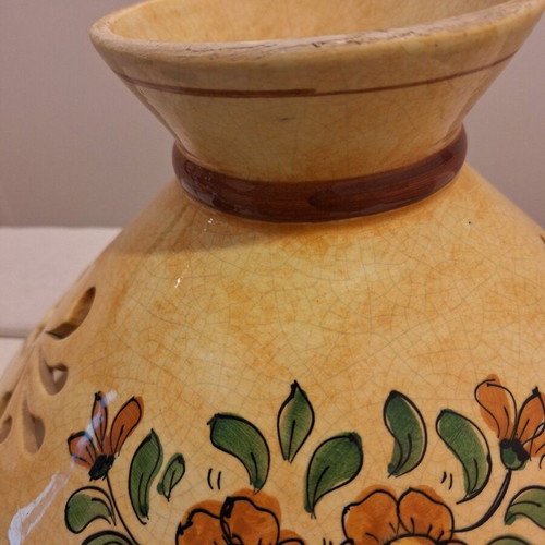 Vintage hanging lamp used, wrought iron and hand-painted ceramic shade