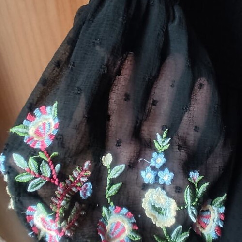 ZARA Black Dress with Balloon Transparent Sleeves and Embroidery Like New, Size M
