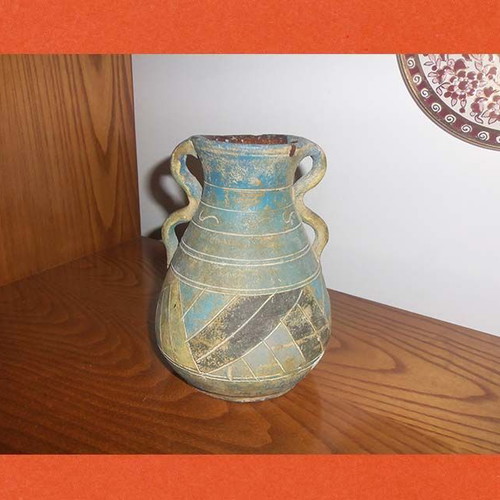 Ceramic decorative vase handmade water jug used, colorful geometric motifs