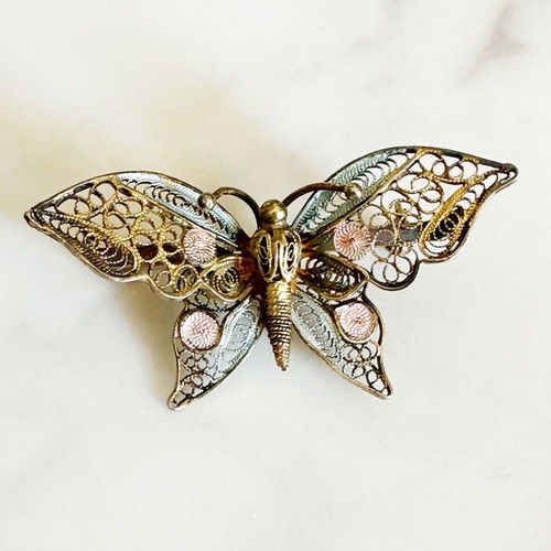 Vintage silver filigree butterfly brooch Art Deco 1930s used
