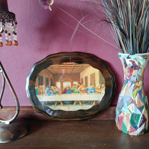Wooden vintage wall plaque with Last Supper depiction used