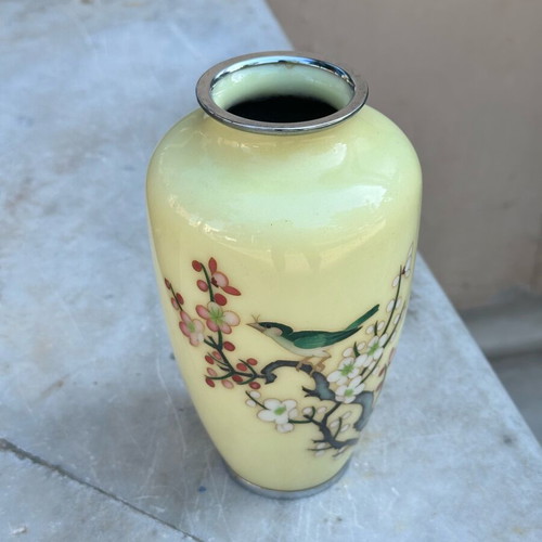 Vintage Japanese Cloisonné Sato vase used with cherry blossom and bird design