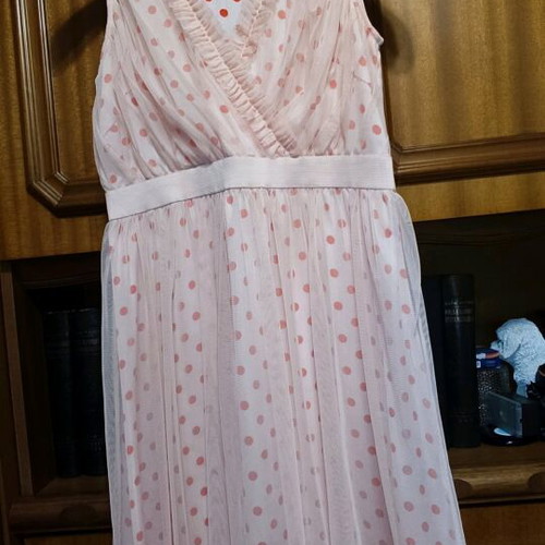 Naf Naf sleeveless dress used, pink tulle with ruffles and coral polka dots, size 36