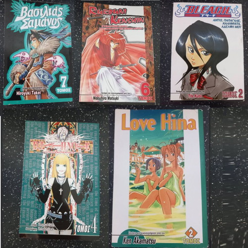 Bleach Vol. 2, Death Note Vol. 4, Rurouni Kenshin Vol. 6, Shaman King Vol. 7, Love Hina Vol. 2 manga books
