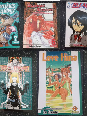 Bleach Vol. 2, Death Note Vol. 4, Rurouni Kenshin Vol. 6, Shaman King Vol. 7, Love Hina Vol. 2 manga books