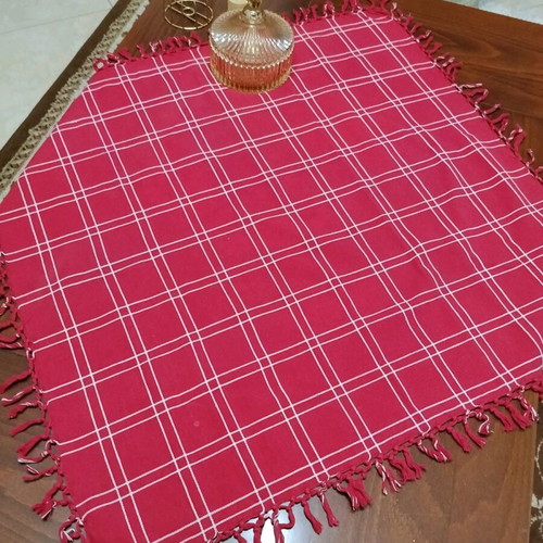 Tablecloth red checkered with fringes new 80x80 cm