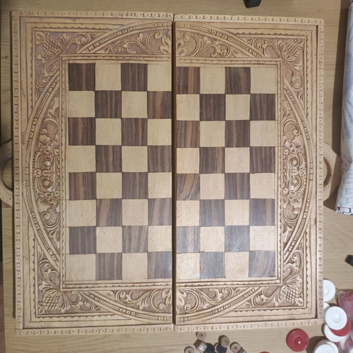Carved backgammon/chess used with wooden Aztec-style pieces