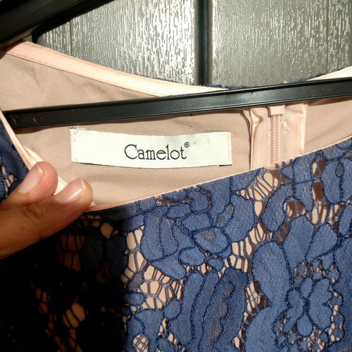 Camelot dress like new with gray-blue lace and beige lining