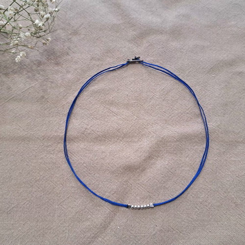 Minimal Necklace with Double Blue Cord and 925 Silver Beads like new