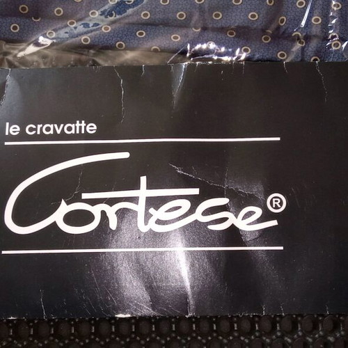 Le Cravatte Cortese tie new, 100% silk, blue with black polka dots